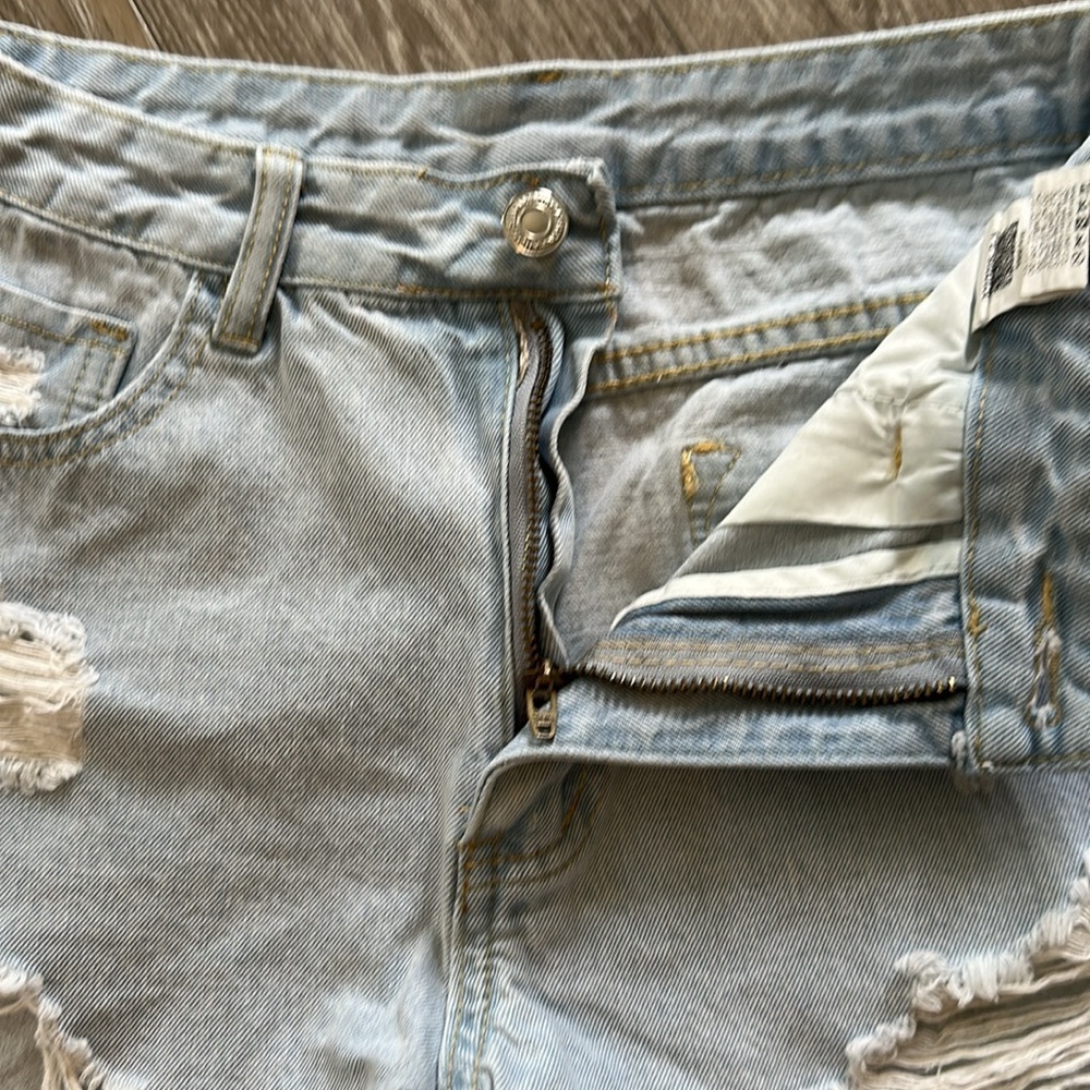 SHEIN | Blue Jean Shorts Distressed Frayed Hem Mid Rise - Picture 8 of 11